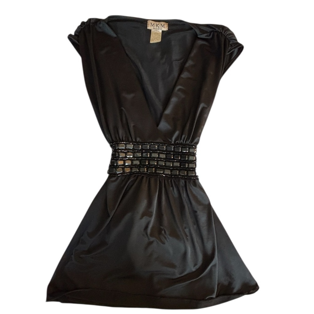 MKM Designs Vintage Women’s Black Elegant Mini Dress with Beaded Waist Medium